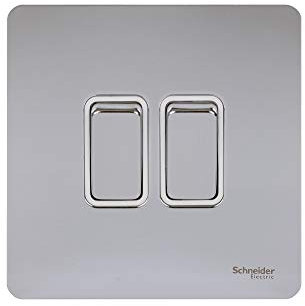 Schneider Electric Ultimate Screwless Flat Plate - Double Rocker 2 Way Light Switch, Single Pole, 16AX, GU1422WPC, Polished Chrome with White Insert