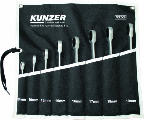 Kunzer 7RRG08 Gedrehter Ringmaulschlüsselsatz 8-teilig - Set aus Stahl - 8-19 mm, Ring/Maul um 90° gedreht, mit Tasche