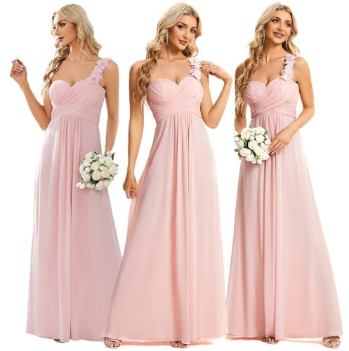 Ever-Pretty Robe de Soirée Asymétrique Longue Femme pour Mariage Plissée en Mousseline Fluide Une Bretelle à Fleurs 40 Rose