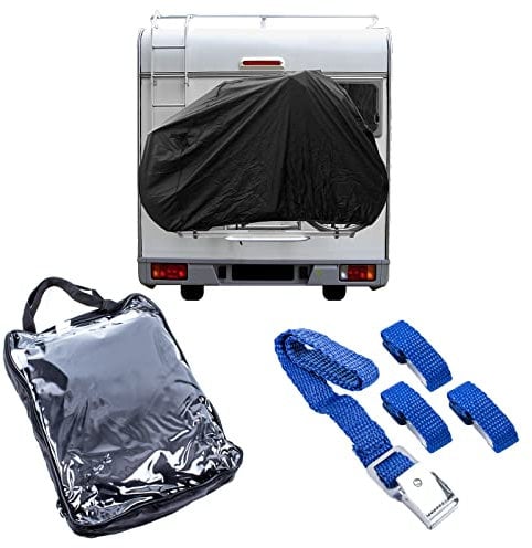 Housse de protection noire pour 2 vélos avec élastique et crochet avec sangles de fixation pour camping-cars et caravanes.