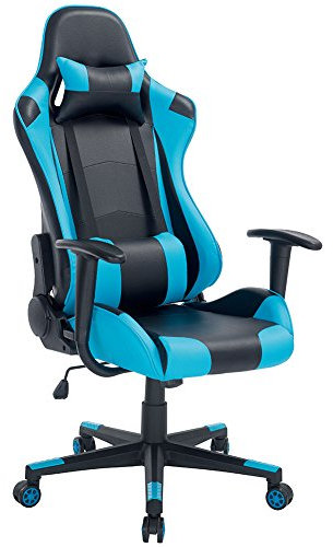 BAKAJI Sedia Poltrona Gaming Scrivana Ufficio Casa in Ecopelle Schienale Reclinabile Cuscino Lombare Poggiatesta Rotazione 360 gradi Direzionale Altezza Regolabile 5 Ruote (Blue)