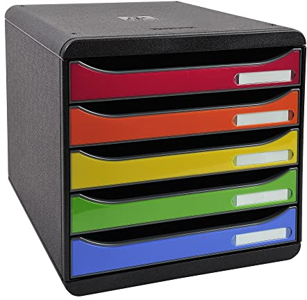 Exacompta 3097298D Premium Ablagebox mit 5 Schubladen für DIN A4+ Dokumente. Stapelbare Schubladenbox mit hoher Kapazität für mehr Platz auf dem Schreibtisch Big Box Plus Glossy Schwarz|Harlekin