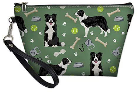 chaqlin Damen Kosmetiktasche für unterwegs, Border Collie-Motiv, aus Polyurethan-Leder, klein, zum Aufhängen, Aufbewahrungstasche