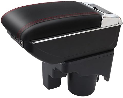YJYWZH Armlehne für VW Golf 6 Jetta 2006-2013 mit USB und Getränkehalter | 6 USB + 1 USB-C,Mittelarmlehne Mittelkonsole,Doppelstauraum,Verschiebbare Armauflage,PU-Leder,Schwarz mit Roter Naht