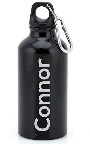 eBuyGB Personalised Any Name Lightweight Reusable Custom Engraved 400ml Aluminium Sports Water Bottle with Screw Cap & Carabiner (Black - Modern)