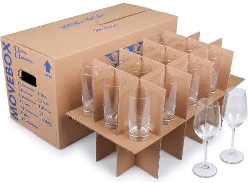 KK Verpackungen Gläserkartons mit 15-30 Fächern | 15 Stück, 634x290x326 mm | 2-wellige Geschirrkartons für Umzug | Flaschenkarton mit Stecksystem | 45 kg Traglast, Griffverstärkung