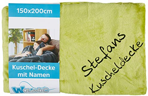 Wolimbo Kuscheldecke mit Namen - 200 x 150cm - hellgrün - für Erwachsene und Kinder - Wohndecke Sofadecke nach Wunsch Bestickt