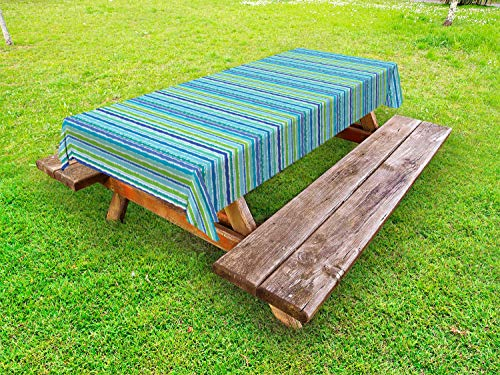 ABAKUHAUS Weinlese-Streifen Outdoor-Tischdecke, Blau, Grün-Töne Kunst, dekorative waschbare Picknick-Tischdecke, 145 x 210 cm, Türkis Lindgrün