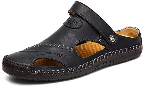 Rojeam Mens Casual Synthetic Leather Sandals Closed Toe Beach Slippers Flat Shoes Summer Sandals for Hiking Trekking