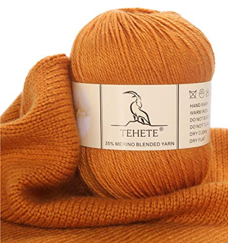 TEHETE Merinowolle Garn zum Stricken und häkeln, Handstrickgarn Schurwolle, 250 Metern 3 Fäden 50g per Knäuel,weich und leicht,Ingwer gelb