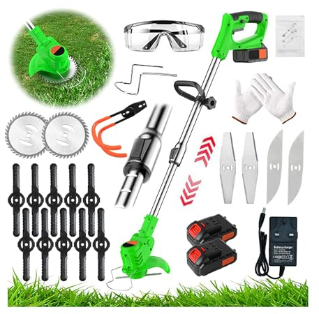Metal Cordless Strimmers Electric with Blade Grass Trimmer with 2*Lithium Battery & Quick Change Spare Blades for Lawn Garden Pruning