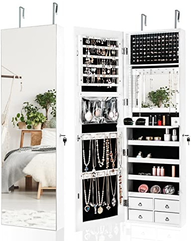 COSTWAY Specchio Portagioie a Muro con 4 Cassetti con Luci (Bianco) | Armadietto Portagioie con Specchio a Figura Interna, 4 Mensole, Organizer Portagioie per Camera da Letto