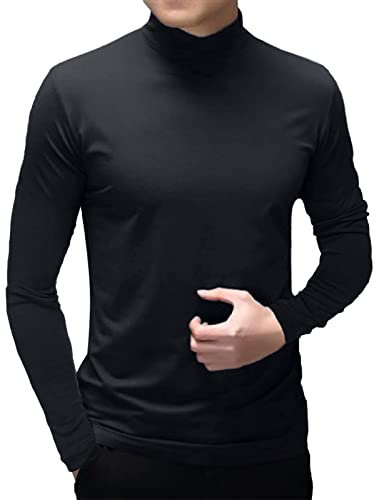 Mens Turtleneck Long Sleeve T Shirt Cotton Mock Neck Shirts Turtleneck Sweater Basic Stand Collar Tops Black, S
