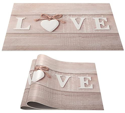 Platzset Tischset abwaschbar PVC Platzdeckchen rutschfest Tischuntersetzer Hitzebeständig Esstisch Deko für drinnen & draußen 30x45cm Liebe Holz Brett 2-er Set