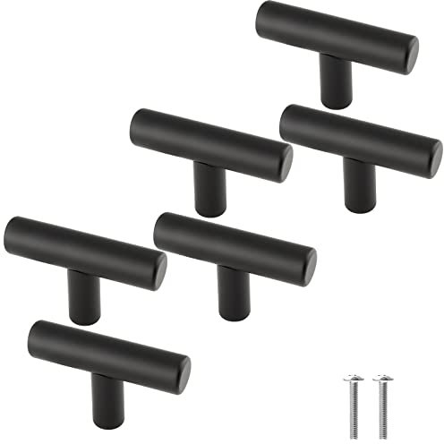 Cjueiom 6 Pack Matt Black Cupboard Knobs & Pull Handles, 50mm Length T Bar, Stainless Steel Drawer & Wardrobe Door Knobs for Kitchen & Bedroom Drawer & Closet