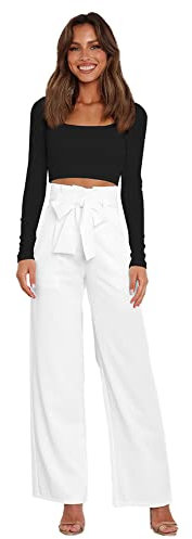 Odizli Paperbag Hosen Damen Elegant High Waist Culottes Palazzo Hosenrock Lang Weite Hose Sommer Business Festlich Stoffhose Marlenehose Anzughose Schlupfhose Freizeithose mit Gürtel Weiß S