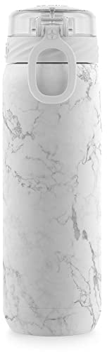 Ello Cooper 22oz Stainless Steel Water Bottle with Straw and Carry Handle, Double Walled and Vacuum Insulated Metal, Leak Proof Locking Lid with Soft Silicone Spout, Reusable, BPA Free, White Marble