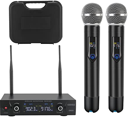 GUDEHOLO Wireless Microphone System with case, Metal UHF Dual Handheld 20 Channels Professional Cordless Mic System for Church, DJ, Karaoke,Wedding, Home KTV Set (Blue)