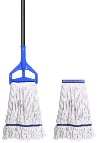 Commercial Mop Heavy Duty Industrial Mop with146 cm Long Handle and Jaw Clamp, Looped-End String Wet Cotton Mops for Floor Cleaning,Home,Office,Garage and Concrete/Tile Floor