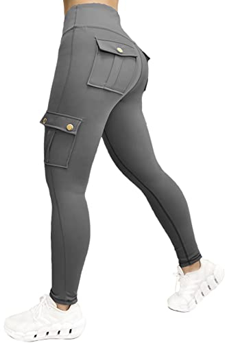 Nuofengkudu Damen Sport Cargo Leggings mit Taschen High Waist Stretch Cargohose Eng Hosen Push up Sportleggins Stretch Jeggings Gym Fitness Outdoor Workout Sporthose Y-Dunkelgrau XL