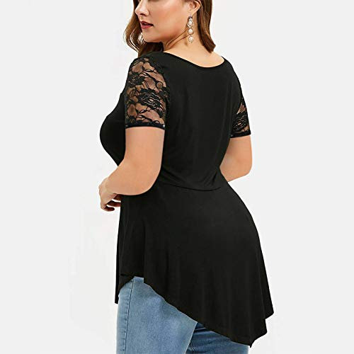Azruma Langarmshirt Damen Bluse Damen Weiß Partner Tshirt Oversize Spitze Hollow Out Rundhals Kurzarm Asymmetrisches Einfarbig Plissee Bluse Damen T Shirt Kurzer Arm (1-Black, S)