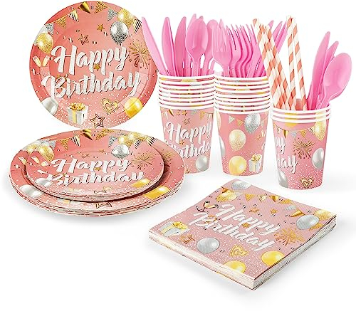 fanquare Rosa und Rose Gold Party Supplies 120pcs Happy Birthday Party Geschirr Set für Geburtstag Party Dekorationen, 20 Gäste