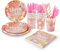 fanquare Pink e Rose Gold Party Forniture 120pcs Happy Birthday Party Set di stoviglie per le decorazioni della festa di compleanno, 20 ospiti