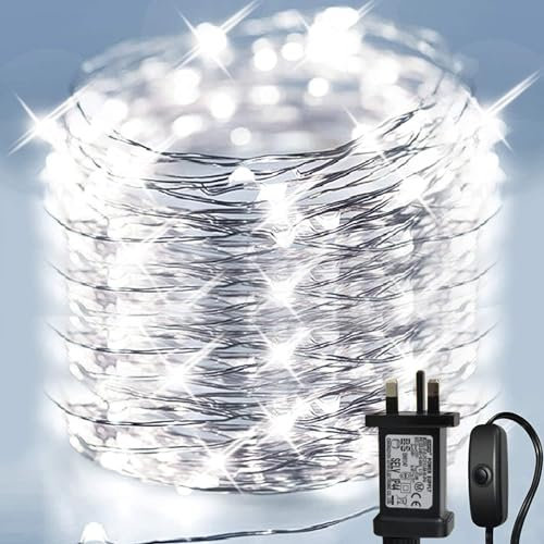 LiyuanQ 10 m LED Fairy Lights Made of Copper Wire with Button, 100 LED Waterproof Fairy Lights with Plug for Party, Wedding, Christmas, Bedroom, Balcony, Indoor and Outdoor Decoration (Cool White)