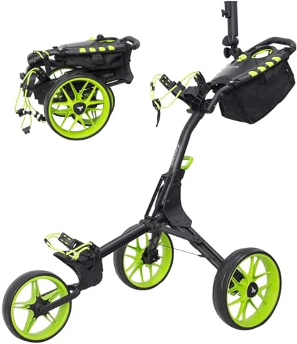 Newfly Carrito de golf de 3 ruedas ultraligero plegable, con freno de pie, fácil de abrir y cerrar, con soporte para sombrilla y bolsa de almacenamiento (verde)