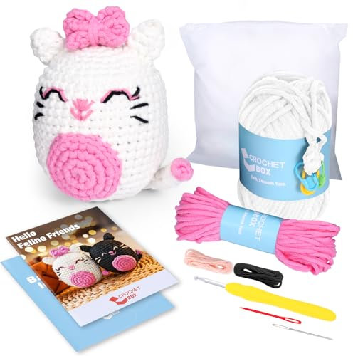 Häkelset für Anfänger – Häkeltier-Katzen-Set mit Schritt-für-Schritt-Video-Tutorials – Häkelset für Erwachsene und Kinder, Anfänger, Weiß