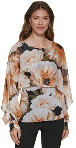 DKNY Damen Langarm Cape Oberteil mit Rundhalsausschnitt und Blumendruck (Oatmeal Multi, Medium), Oatmeal Multi, Medium