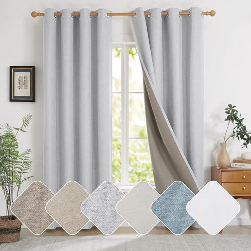 Deconovo Faux Linen Grey Eyelet 100% Blackout Curtains with Microfiber Back Layer, Door Thermal Insulated Curtains for Bedroom, 52 x 84 Inch, 2 Panels