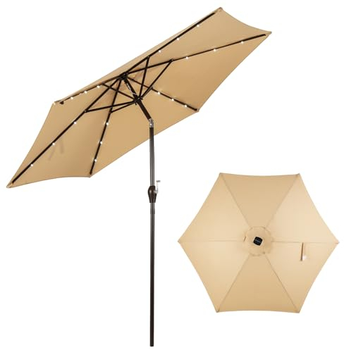 KOMFOTTEU Sombrilla de Jardín Ø300cm con LED Plegable, Parasol Terraza Exterior Inclinable con Manivela, Sombrilla de Patio de Tela de Poliéster, Sombrilla con Protección Solar (Beige)