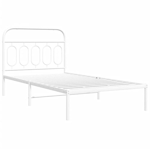 vidaXL Bettgestell, Bett mit Kopfteil, Bettrahmen mit Lattenrost Mittelfüßen, Metallbett Einzelbett für Schlafzimmer, Metall Weiß 100x190cm