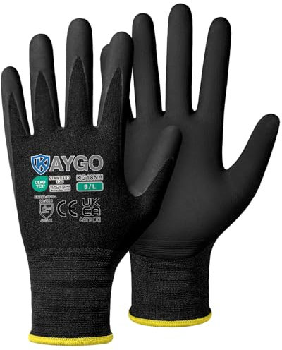 KAYGO Safety Work Gloves MicroFoam Nitrile Coated 3 Pairs, KG18N, Seamless Knit Nylon Glove with Abrasion and Oil Resistant Grip, Ideal for General Purpose, Automotive, DIY (Large, Black)