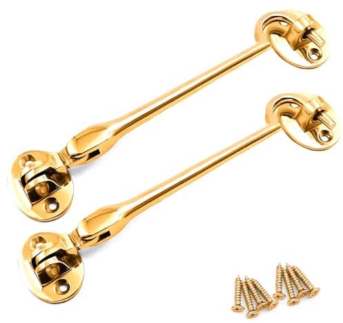 onesto Pack 2 Brass Cabin Hook Silent Type 150mm – Heavy Duty Solid Brass Door Latch for Gates, Sheds, Windows & Cupboards – Traditional Quiet Design with Fixings