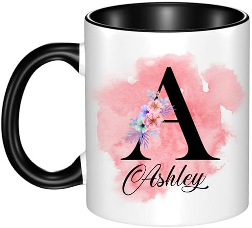 EKAM Personalised Mug, Coloured Inner and Handle Mug Stylish Initial with Name, Gift for Valentine’s, Birthday, Christmas Day for Mom, Dad, Kids, Friends or Girls, 11oz Coffee/Tea Cup (Black)