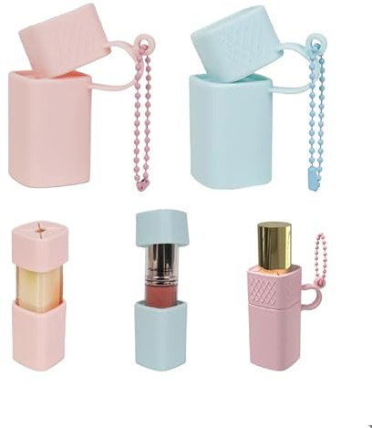 2 pcs Silicone Lip Balm Holder Lipstick Cases Keychain Chapstick Case Holder Lip Balm Sleeves Pouch, Portable Silicone Lip Gloss with Ball Bead Chain ((Purple03, + Green04))