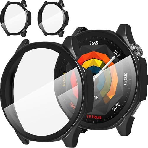 Diruite 2 Stück Schutzhülle für Huawei Watch GT 5 46 mm Hülle,Kratzfest HD Gehärtetes Glas PC Enge Passform Schutz Case,Schwarz&schwarz,46mm
