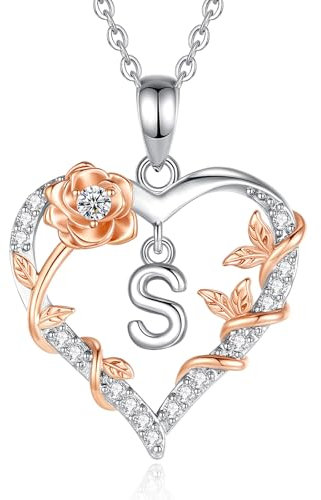 EUDORA Harmony Ball Rosa Cuore Collana con iniziale S per donne Lettera S Alfabeto iniziale Collane Rame Placcato rodio Ciondolo con Zirconi Cubici, Iniziali Gioielli Regali per Donne Moglie, 18