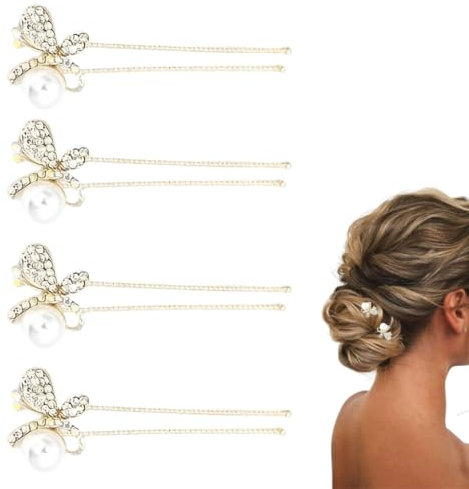 Paquete de 4 pinzas para el pelo con perlas de diamantes de imitación, pinzas para el pelo, pinzas para el pelo en forma de U, pinzas para el pelo con perlas para bodas, niñas y mujeres