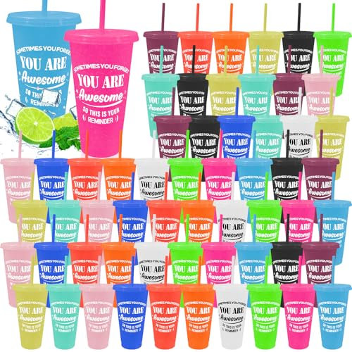 YFNVH 60 Pcs Employee Appreciation Cups with Straw and Lid, 24 oz Thank You Gifts You are Awesome Plastic Tumblers Bulk, Inspirational Travel Coffee Mugs Cup for Coworker Stuff Teacher Party Gifts