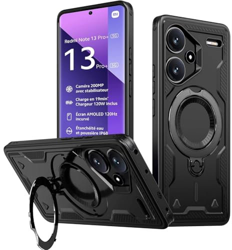 KANSi Cover per Xiaomi Redmi Note 13 Pro Plus 5G / Note 13 Pro+ 5G, Custodia Protettiva per Smartphone con Anello Rotante - Antiurto Bumper Nero