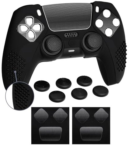 PlayVital Cover Joystick per ps5 Controller,Custodia Silicone Antiscivolo con 6 Copri Analogici e Adesivi Touchpad-Compatibile con Stazione di Ricarica-3D Borchiate,Nero