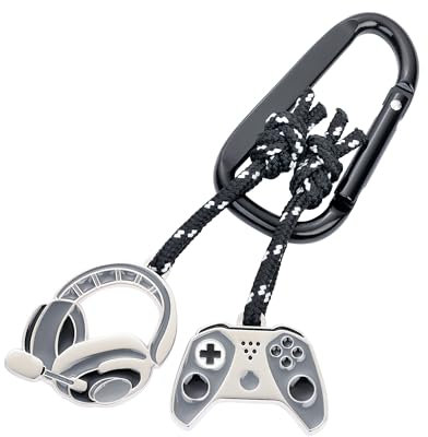 TROIKA Porte-clés Mousqueton Gaming - 2 Pendentifs sur Corde d'escalade décorative : manette et casque - Métal moulé - Chromé - Gris, Noir, Argent Original, gris, 10 x 5,8 x 0,7 cm