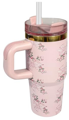 Bestaa 14 oz Pink Bow Tie Stainless Steel Tumbler with Handle and Straw, 304 Stainless Steel Child Tumbler, 414 ml, 12 cm x 20 cm, Home & Travel, Flip Lid, Silicone Straw, Carry Handle