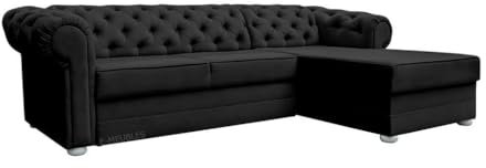 Chesterfield Ecksofa mit Schlaffunktion Sofa mit Ottomane Eckgarnitur Polsterecke Couch mit Bettkasten Samt (Velour) Glamour Wohnlandschaft - 280x180x81cm - AVIA (Schwarz (Kronos 07), Rechts)