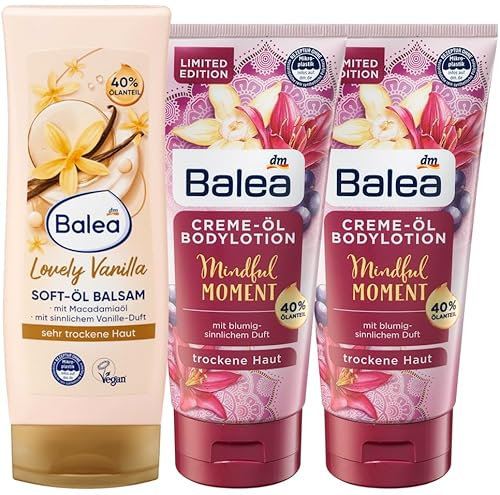 Balea 3er-Set Hautpflege: Soft-Öl Balsam Lovely Vanilla beruhigt sehr trockene Haut mit Macadamianussöl, 200 ml + 2 x Verwöhnende Bodylotion Natural Beauty Rose Mandelöl Drachenfrucht, 200 ml (600 ml)