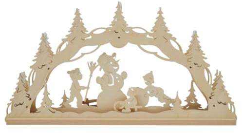 Erzwelt - Lichterbogen ELB – Motiv Winterkinder mit Schneemann | 32 x 56 x 5 cm – Schwibbogen aus Holz – Leuchtbogen mit 7 Kerzen – Original Erzgebirge Fensterbogen – Weihnachtsdeko