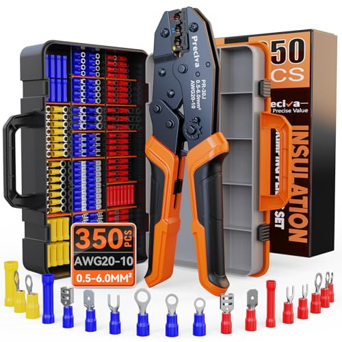 Preciva Crimpzange Set, Kabelschuhzange mit Ratschenmechanik + 350 farbcodierte Kabelverbinder (0,5-6mm²) – Komplettset für Auto, Elektroinstallation & Heimwerker